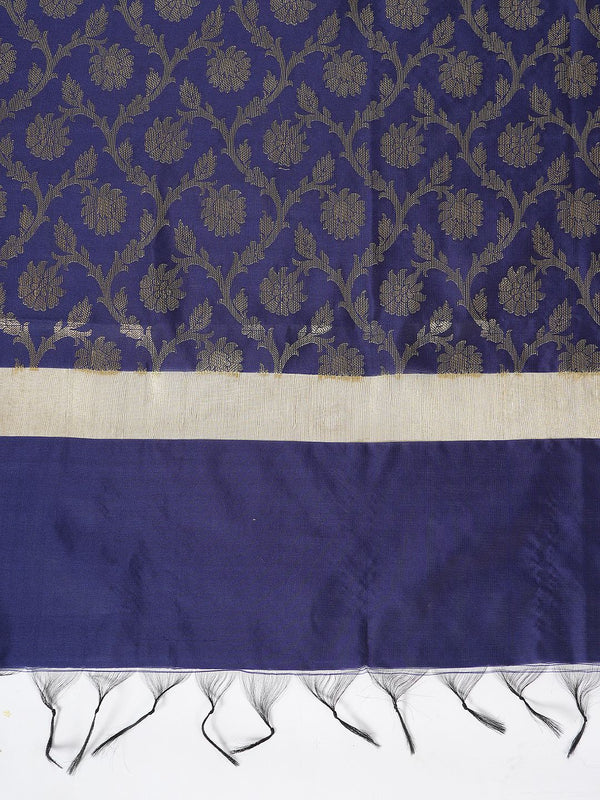 Dark Blue Banarasi Silk Dupatta with All-Over Woven Floral Motifs & Rich Zari Border (Size: 2.5x1 m Approx)