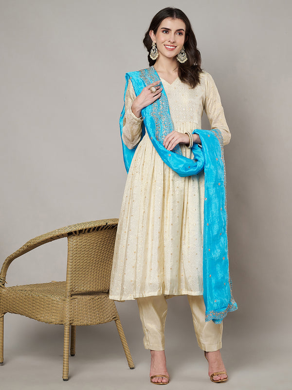 Sky Blue Chinon Dupatta with Scalloped Embroidered Border & Sequin Motifs (Size: 2.5x1 m Approx)