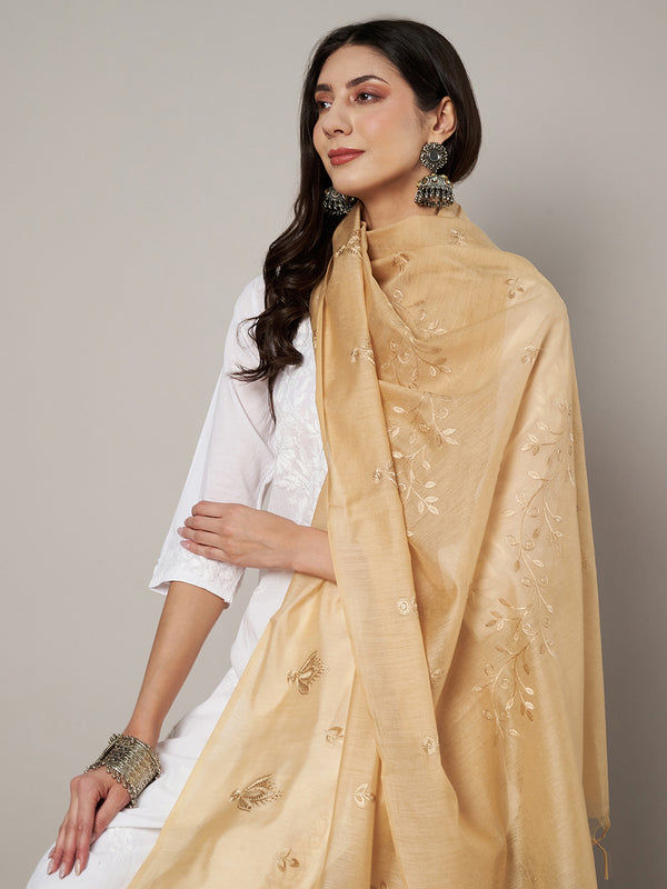 Beige Chanderi Cotton Dupatta with Subtle Floral Embroidery (Size: 2.5x1 m Approx)