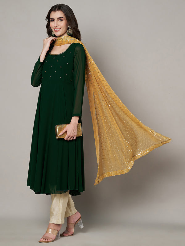 Gold Chinon Dupatta with Gold Stripe Sequin Work & Gota Border (Size: 2.5x1 m Approx)