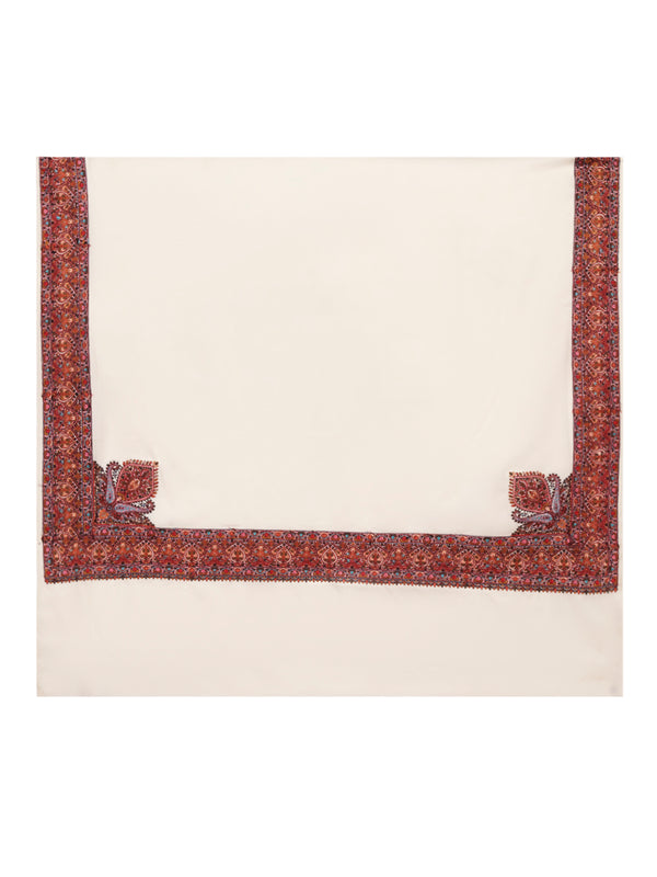 Woolen Mens Shawl in Ivory with Multicolour Kashmiri-Inspired Embroidered Border (80 x 40 Inches)