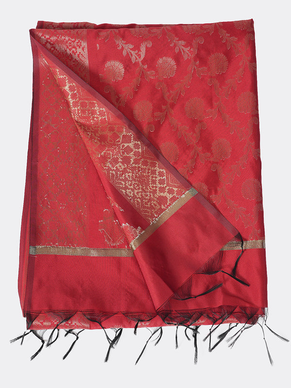 Maroon Banarasi Silk Dupatta with All-Over Woven Floral Motifs & Rich Zari Border (Size: 2.5x1 m Approx)
