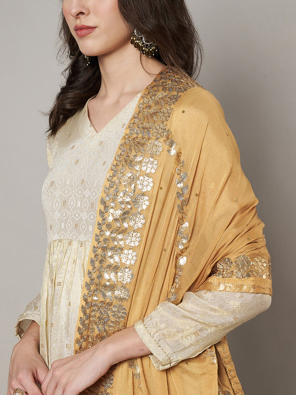 Beige Chinon Dupatta with Gota Patti Border & Sequin Detailing (Size: 2.5x1 m Approx)