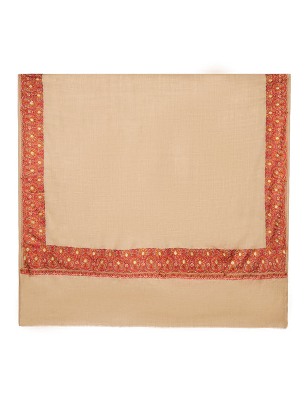 Beige Woolen Women Shawl with Traditional Embroidered Border (80 x 40 Inches)