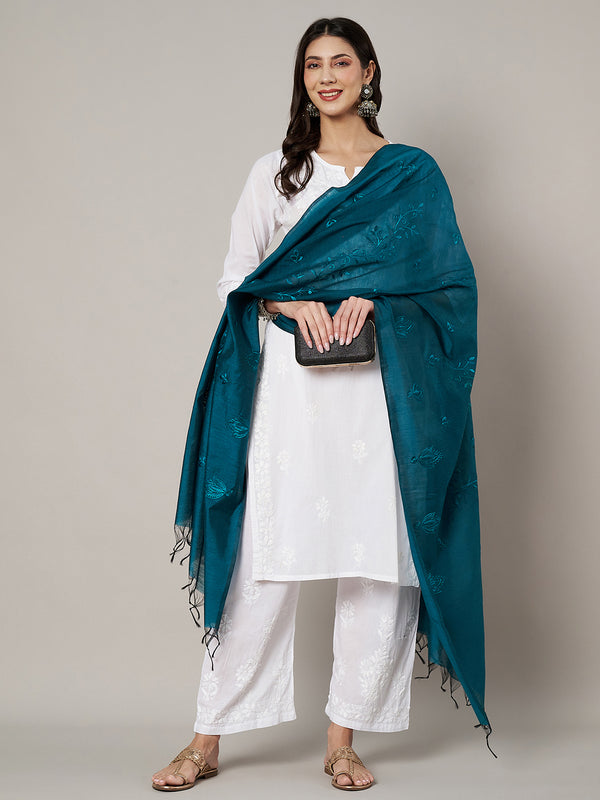 Blue Chanderi Cotton Dupatta with Subtle Floral Embroidery (Size: 2.5x1 m Approx)