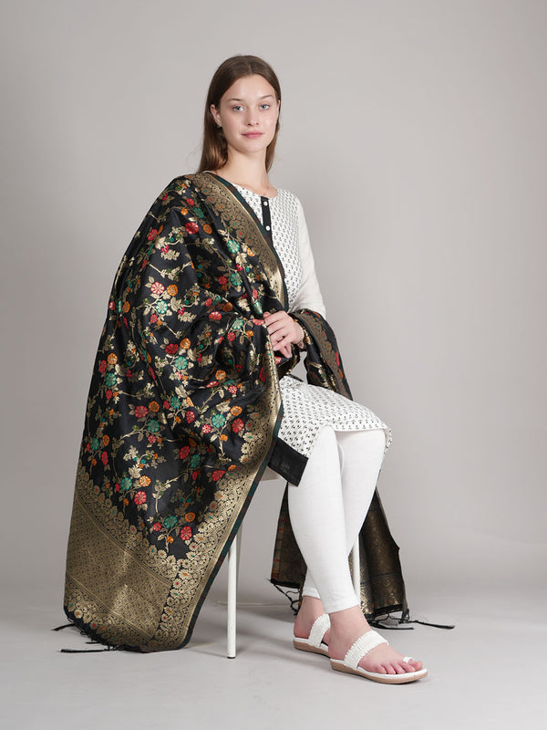 Black Paithani Silk Dupatta with Multicolour Floral Zari Weave (Size: 2.5x1 m Approx)