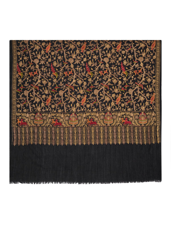 Woolen Mens Shawl with Traditional Bird & Floral Jaal Motifs and Ornate Woven Border (80 x 40 Inches)