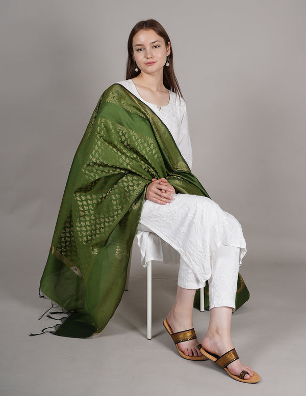 Green Banarasi Silk Dupatta with Gold Zari Buti & Ornate Border (Size: 2.5x1 m Approx)