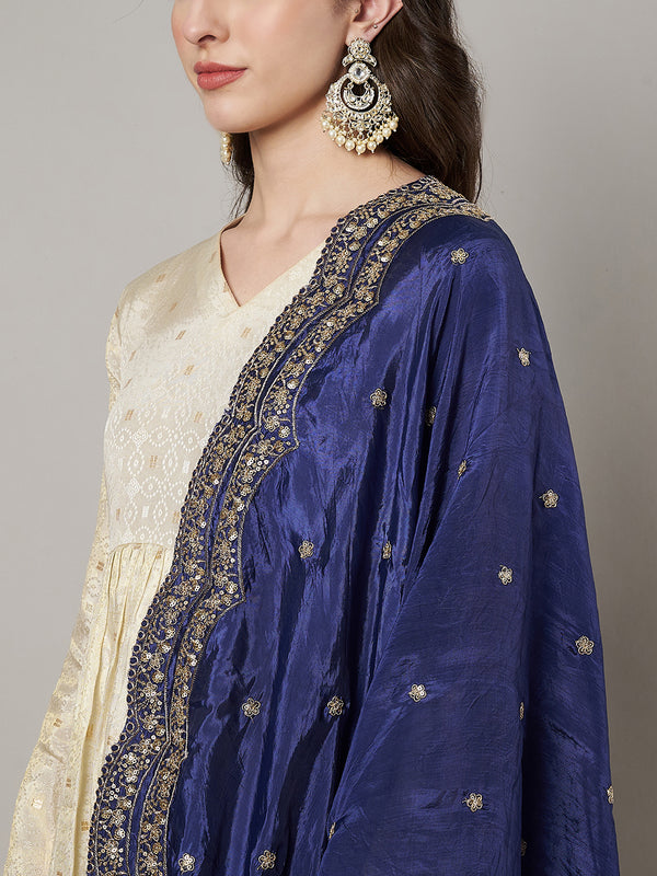 Blue Chinon Dupatta with Scalloped Embroidered Border & Sequin Motifs (Size: 2.5x1 m Approx)