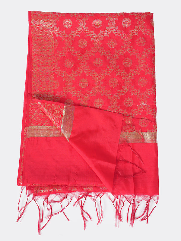Red Banarasi Silk Dupatta with Elegant Woven Floral Jaal (Size: 2.5x1 m Approx)
