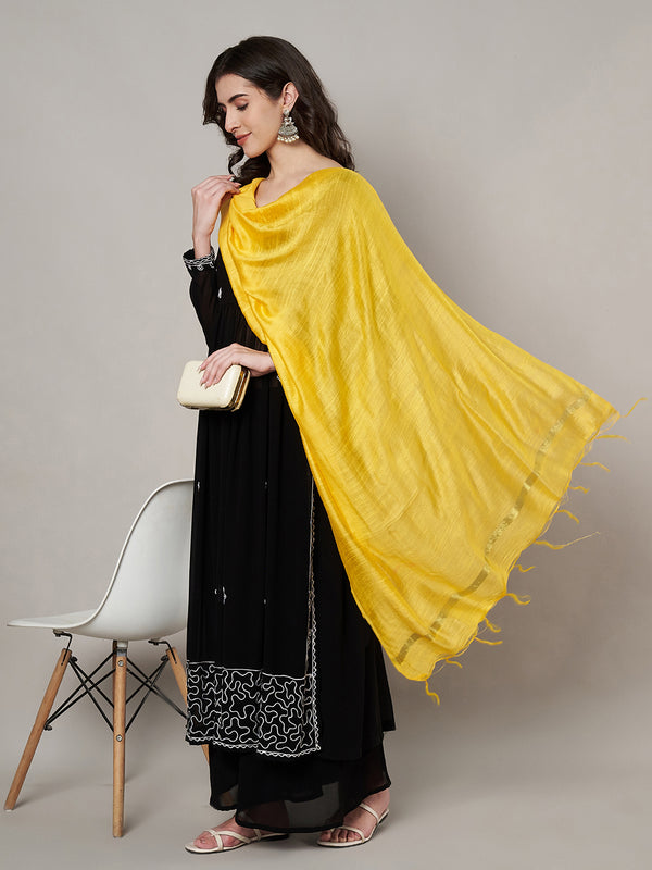 Yellow Solid Cotton Dupatta with Subtle Texture & Tassel Ends (Size: 2.5x1 m Approx)