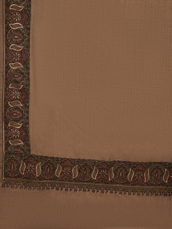 Woolen Women Shawl in Warm Mocha Brown with Intricate Traditional Embroidered Border (80 x 40 Inches)