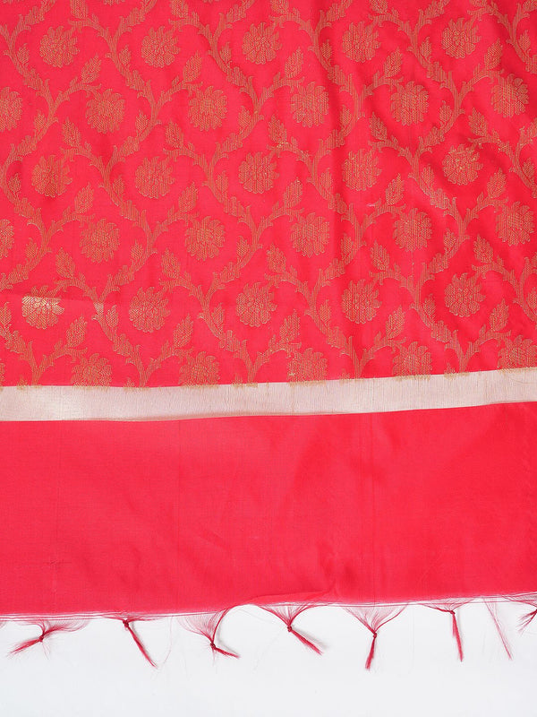 Red Banarasi Silk Dupatta with All-Over Woven Floral Motifs & Rich Zari Border (Size: 2.5x1 m Approx)
