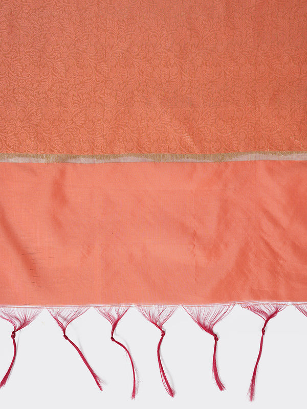 Orange Banarasi Silk Dupatta with All-Over Woven Floral Zari Jaal (Size: 2.5x1 m Approx)