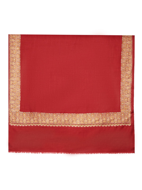 Solid Maroon Woolen Women Shawl with Rich Embroidered Border – 80 x 40 Inches