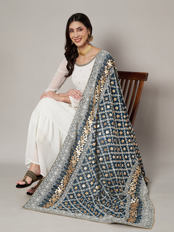 Bottle Green Georgette Dupatta with Gold Foil Booti & Lace Border (Size: 2.5x1 m Approx)