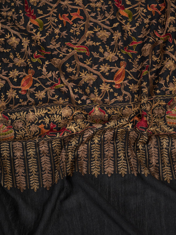 Woolen Women Shawl with Traditional Bird & Floral Jaal Motifs and Ornate Woven Border (80 x 40 Inches)