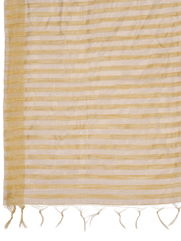 Brown & Ivory Striped Cotton Silk Dupatta with Tassel Finish (Size: 2.5x1 m Approx)