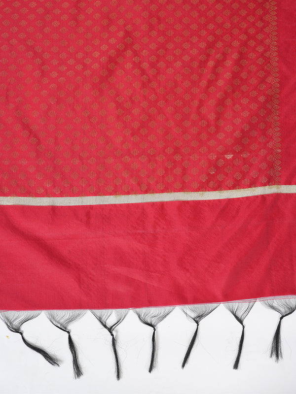 Deep Red Banarasi Silk Dupatta with Woven Gold Zari Butti & Ornate Border (Size: 2.5x1 m Approx)