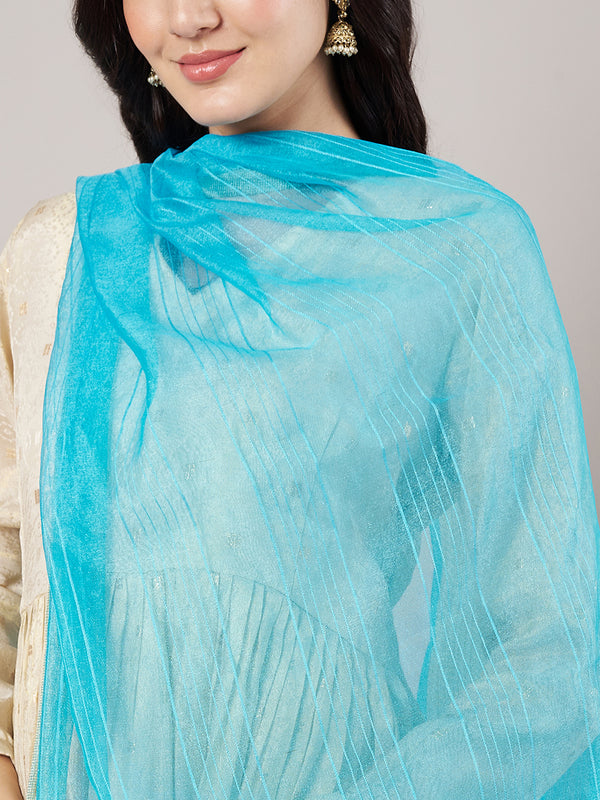 Aqua Chanderi Silk Dupatta with Gold Border & Tassels (Size: 2.5x1 m Approx)