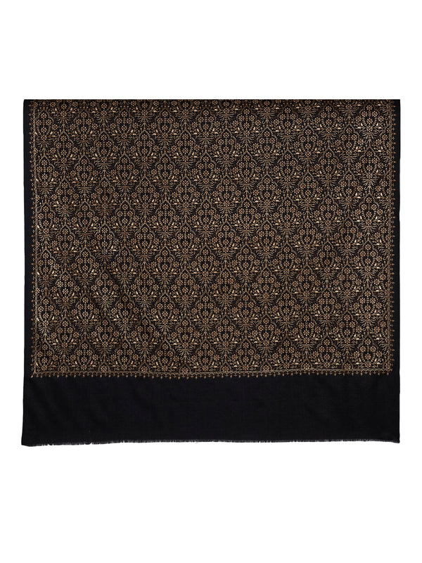 Woolen Mens Shawl in Black with All-Over Floral Jaal Weave (80 x 40 Inches)