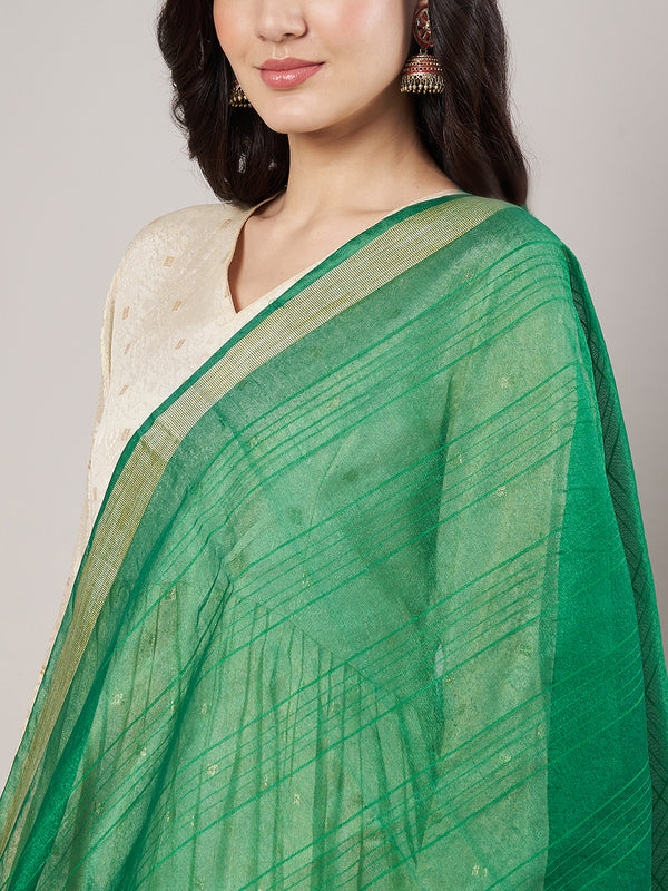 Green Chanderi Silk Dupatta with Gold Border & Tassels (Size: 2.5x1 m Approx)