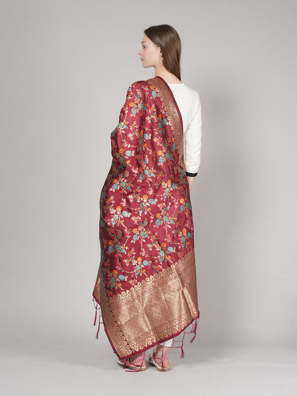 Maroon Paithani Silk Dupatta with Multicolour Floral Zari Weave (Size: 2.5x1 m Approx)
