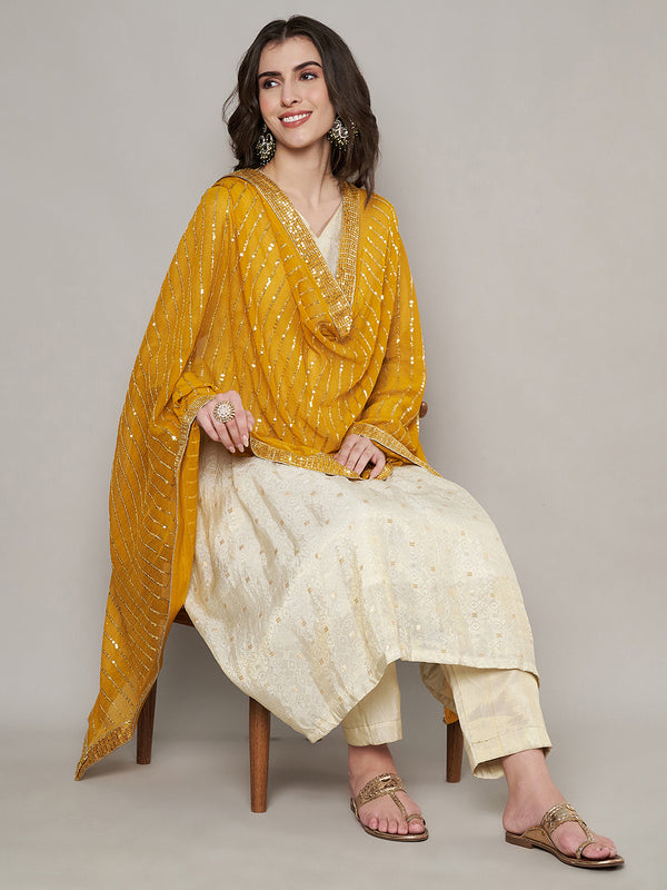 Yellow Chinon Dupatta with Gold Stripe Sequin Work & Gota Border (Size: 2.5x1 m Approx)