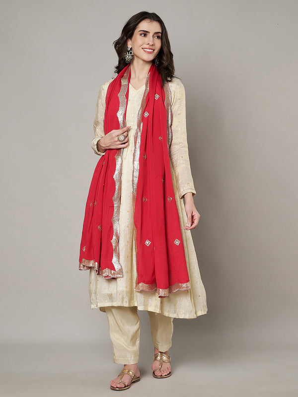 Red Chiffon Dupatta with Gold Motif Embellishment & Scalloped Border (Size: 2.5x1 m Approx)