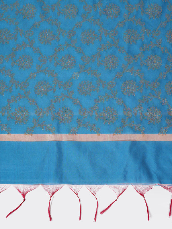 Sky Blue Banarasi Silk Dupatta with All-Over Woven Floral Motifs & Rich Zari Border (Size: 2.5x1 m Approx)