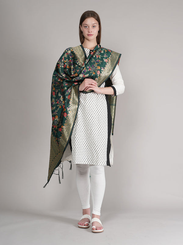 Bottle Green Paithani Silk Dupatta with Multicolour Floral Zari Weave (Size: 2.5x1 m Approx)