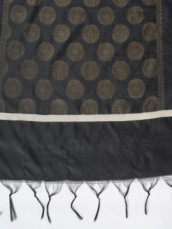 Black Banarasi Silk Dupatta with Woven Butti Motifs & Zari Border (Size: 2.5x1 m Approx)