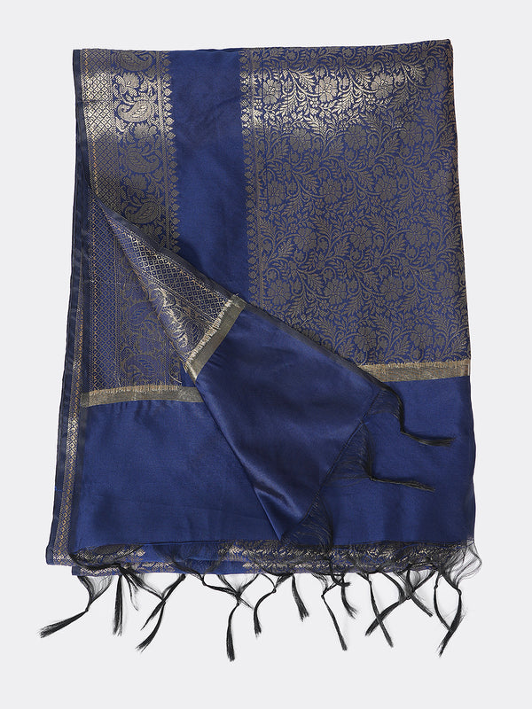 Blue Banarasi Silk Dupatta with All-Over Woven Floral Zari Jaal (Size: 2.5x1 m Approx)