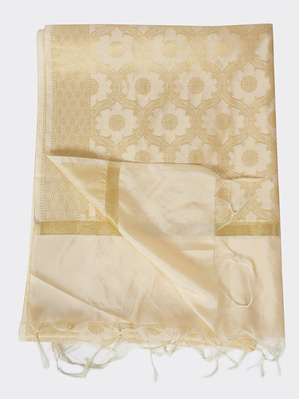 Ivory Gold Banarasi Silk Dupatta with Elegant Woven Floral Jaal (Size: 2.5x1 m Approx)