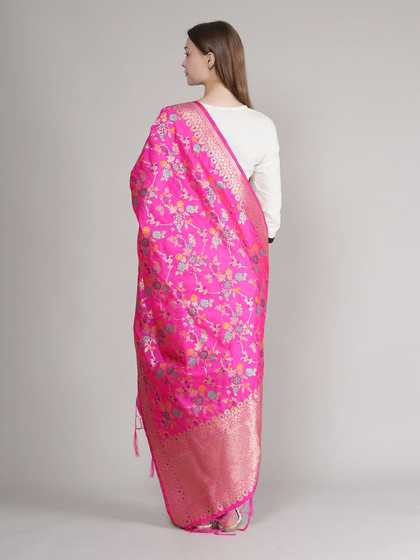 Rani Paithani Silk Dupatta with Multicolour Floral Zari Weave (Size: 2.5x1 m Approx)