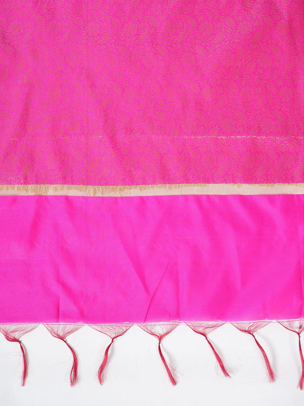 Hot Pink Banarasi Silk Dupatta with All-Over Woven Floral Zari Jaal (Size: 2.5x1 m Approx)