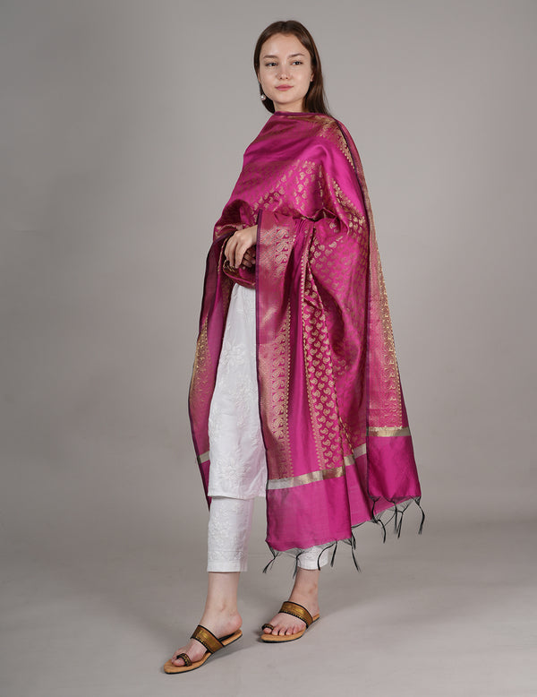 Rani Banarasi Silk Dupatta with Gold Zari Buti & Ornate Border (Size: 2.5x1 m Approx)