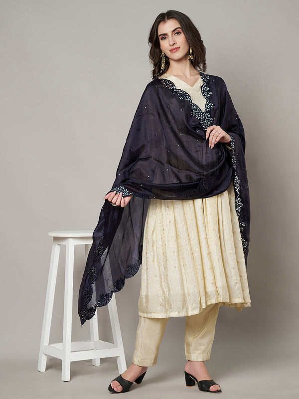 Blue Silk Dupatta with Scalloped Cutwork Border & Sequin Highlights (Size: 2.5x1 m Approx)