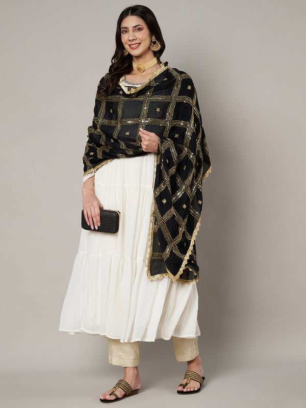 Black Chinon Dupatta with Gold Grid Embellishment (Size: 2.5x1 m Approx)