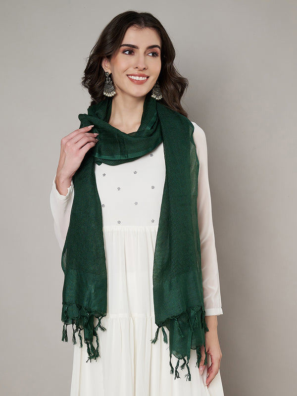 Bottle Green Sheer Handwoven Cotton Dupatta with Tassel Finish (Size: 2.5x1 m Approx)