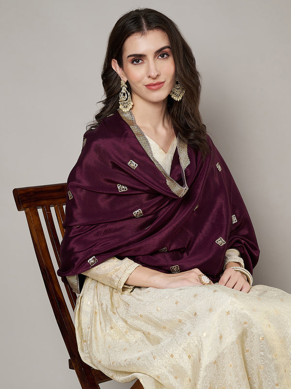 Wine Chiffon Dupatta with Gold Motif Embellishment & Scalloped Border (Size: 2.5x1 m Approx)