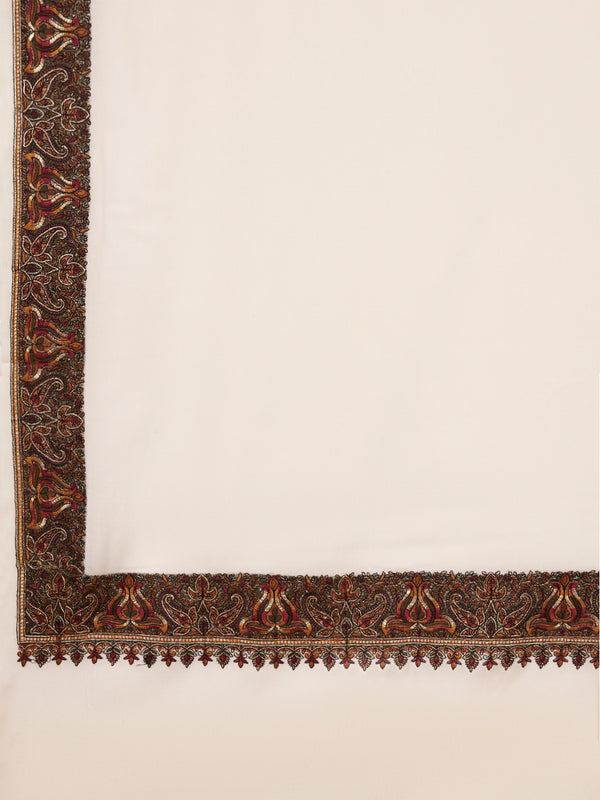 Ivory Woolen Mens Shawl with Traditional Multicolour Embroidered Border (80 x 40 Inches)