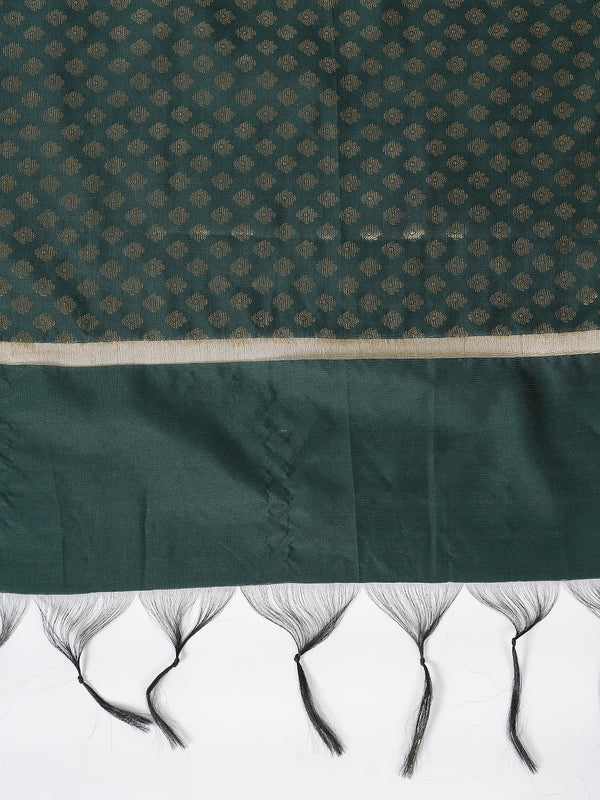 Bottle Green Banarasi Silk Dupatta with Woven Gold Zari Butti & Ornate Border (Size: 2.5x1 m Approx)