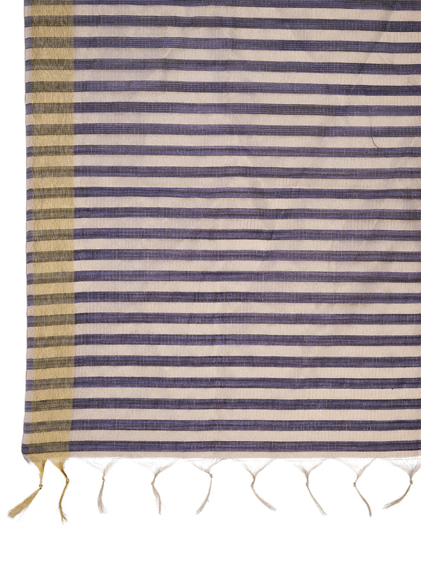 Blue & Ivory Striped Cotton Silk Dupatta with Tassel Finish (Size: 2.5x1 m Approx)