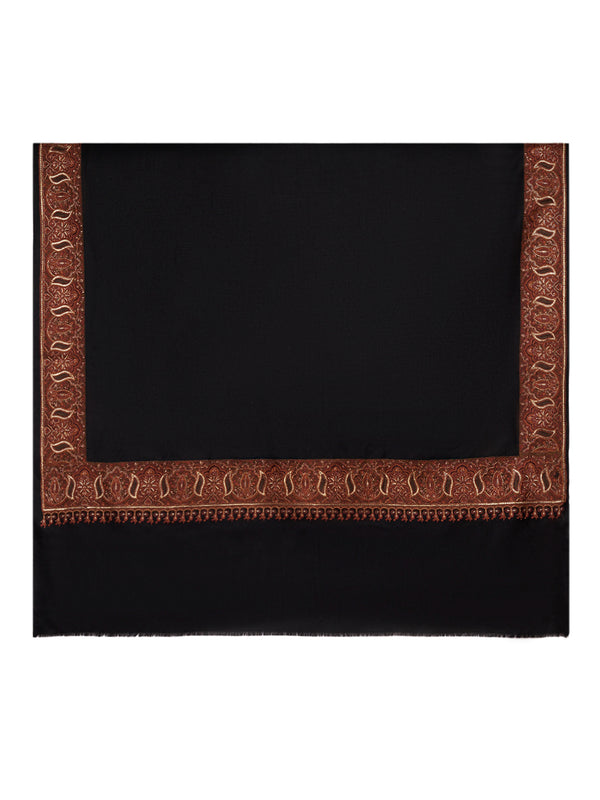 Woolen Mens Shawl in Warm Black with Heritage-Inspired Embroidered Border (80 x 40 Inches)