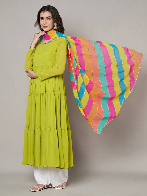 Multicolor Striped Chiffon Dupatta with Gota Lace Detailing (Size: 2.5x1 m Approx)