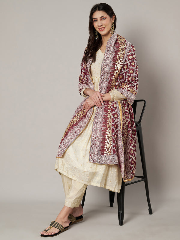 Maroon Georgette Dupatta with Gold Foil Booti & Lace Border (Size: 2.5x1 m Approx)