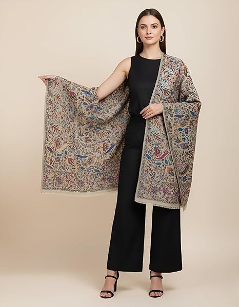 Bamboo Silk Beige Kashmiri Women Stole with Traditional Paisley Jaal | Soft & Elegant | 80×28 Inches