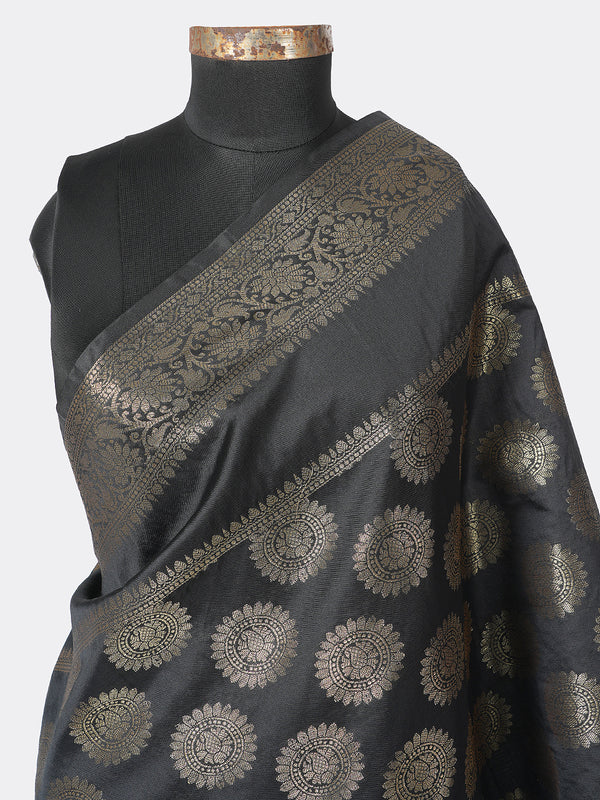 Black Banarasi Silk Dupatta with Woven Butti Motifs & Zari Border (Size: 2.5x1 m Approx)