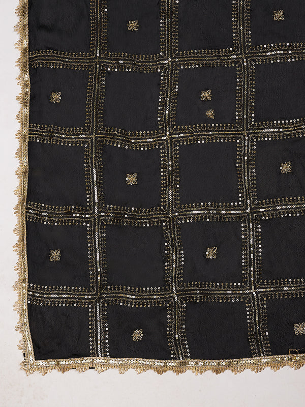 Black Chinon Dupatta with Gold Grid Embellishment (Size: 2.5x1 m Approx)